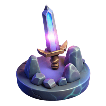 Glowing Crystal Sword on Rocks A luminous 3D depiction of a crystal sword on rocks, highlighting its glowing features and enchanting presence. png