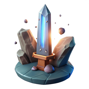 Glowing Crystal Sword in Rocks - A luminous depiction of a crystal sword resting in rocks with glowing elements highlighting its enchanting presence and mystical atmosphere png