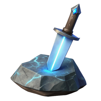 Glowing Dagger on Stone A dynamic depiction of a dagger glowing with vibrant colors, embedded in stone in a digital world. png