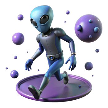 Alien Running on Purple Disc A dynamic 3D render of an alien running on a purple disc, capturing the essence of extraterrestrial adventure and playful design. png