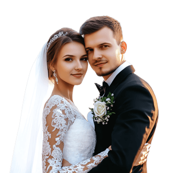 PNG Elegant Bride and Groom Posing Together on Their Wedding Day Against Transparent Background for Wedding Branding, Event Promotions, or Romantic Campaigns