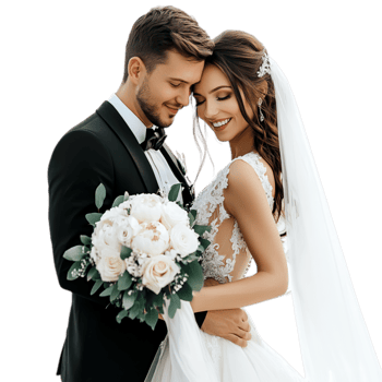 PNG Elegant Bride and Groom Posing Together on Their Wedding Day Against Transparent Background for Wedding Branding, Event Promotions, or Romantic Campaigns