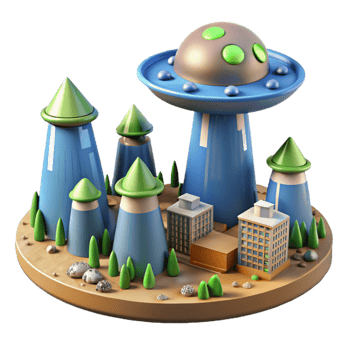 Alien UFO over Cityscape in a Futuristic Three Dimensional Scene of Extraterrestrial Wonder png