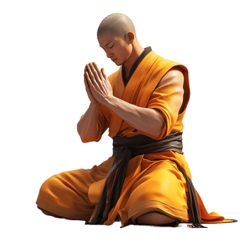 Shaolin monk praying in traditional attire on a transparent background png