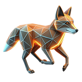 Low Poly Fox 3D Model A dynamic depiction of a fox navigating the digital forest, captured in a low-poly design in a digital world. png