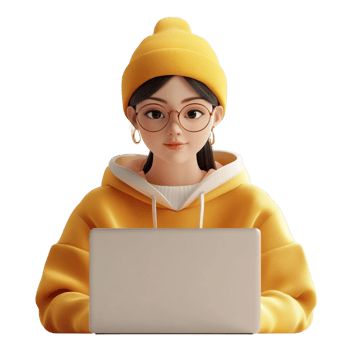 PNG 3D Render of a Woman Working on a Laptop Against Transparent Background for Remote Work, Productivity Themes, or Technology Illustrations