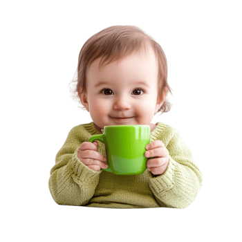 PNG Baby Holding a Green Cup Against Transparent Background for Family Designs, Childhood Themes, or Everyday Illustrations