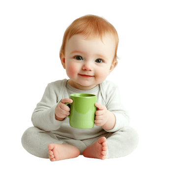 PNG Baby Holding a Green Cup Against Transparent Background for Family Designs, Childhood Themes, or Everyday Illustrations