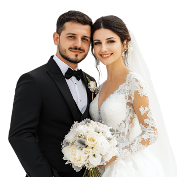 PNG Elegant Bride and Groom Posing Together on Their Wedding Day Against Transparent Background for Wedding Branding, Event Promotions, or Romantic Campaigns