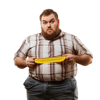 PNG Fat Man Holding Measuring Tape for Check Out Against Transparent Background for Health Branding, Fitness Campaigns, or Weight Management Advertising