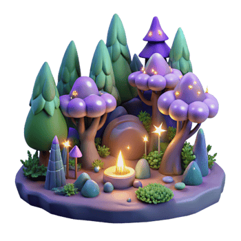 Enchanted Forest Night Scene A mystical 3D render of an enchanted forest at night, capturing its magical atmosphere and serene beauty. png