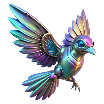 Metallic Bird Iridescent Wings A futuristic bird with metallic, iridescent wings, navigating the digital sky with grace. png
