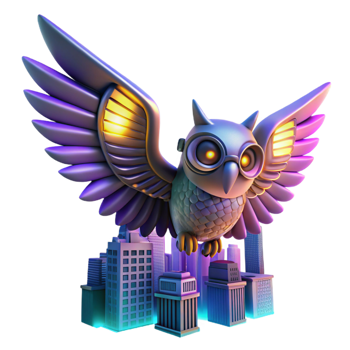 Cyber Owl Soaring Over a Cityscape in a Futuristic Three Dimensional Scene of Design png