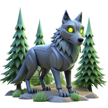 Robotic Wolf in Forest A futuristic 3D depiction of a robotic wolf in a forest, showcasing its advanced design and natural setting. png