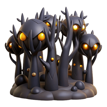 Dark Forest Glowing Eyes A mystical 3D render of a dark forest with glowing eyes, capturing its enchanting presence and magical elements. png