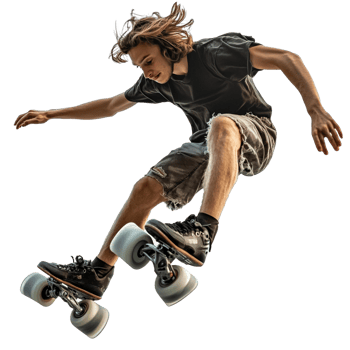 Young professional roller skater performing tricks against a transparent background png