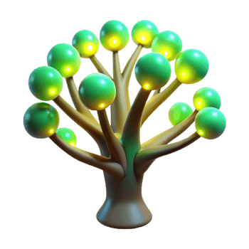 Glowing Orb Tree 3D Render A mystical 3D depiction of a tree adorned with glowing orbs, creating an enchanting and otherworldly atmosphere. png