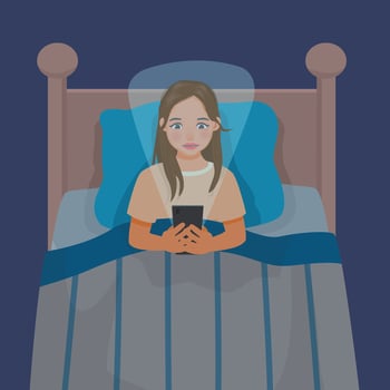 Young woman using smartphone lying in the bed in the dark room vector
