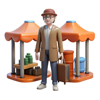 Three Dimensional Render Market Vendor with Goods in a Whimsical Scene of Commerce png
