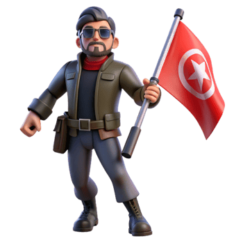 Three Dimensional Cartoon Traveler with Flag in a Whimsical Scene of Adventure png