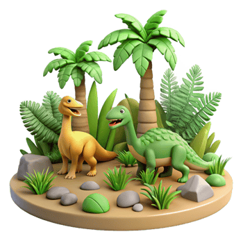 Cartoon Dinosaurs in Tropical Scene - A whimsical depiction of cartoon dinosaurs in a tropical scene capturing their playful and enchanting presence png
