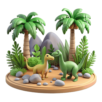 Cute Dinosaurs in Tropical Scene A whimsical 3D render of cute dinosaurs in a tropical scene, capturing the essence of adventure and playful design. png