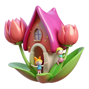 Cute Cartoon House in Tulips in a Whimsical Three Dimensional Scene of Nature png