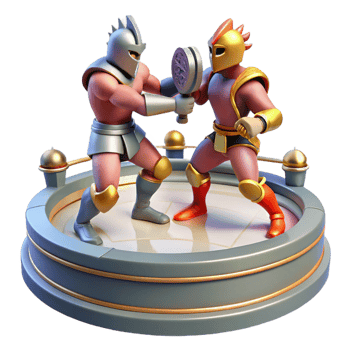 Warriors Dueling on Circular Stage A dynamic 3D render of warriors dueling on a circular stage, capturing the essence of intense action and historical warfare. png