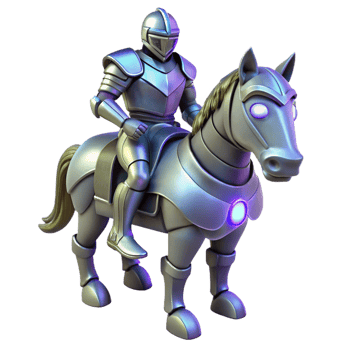 Knight on Robotic Steed A dynamic depiction of a knight navigating a world on a robotic steed, ready for battle in a digital world. png