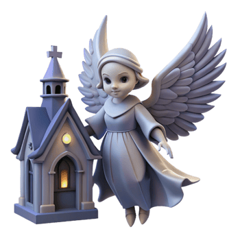 Angel with Church Three Dimensional Render in a Majestic Scene of Spiritual Beauty png