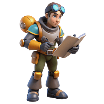 Three Dimensional Boy Explorer Notes in a Whimsical Scene of Adventure png