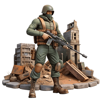 Soldier in War-Torn City A dramatic 3D render of a soldier navigating through a city ravaged by conflict, highlighting the chaos and destruction of war. png