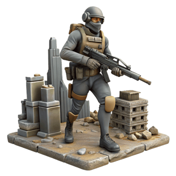 Urban Combat Soldier Diorama A dynamic diorama featuring a soldier navigating urban combat, brought to life in a stunning three-dimensional render. png