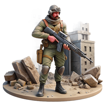 Soldier in Ruins Combat Figure A dynamic 3D render of a soldier in ruins, capturing the essence of intense action and historical warfare. png