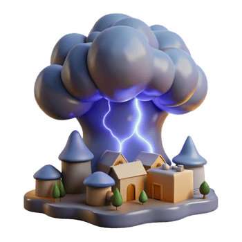 Lightning Storm Over Village A dramatic 3D render of a lightning storm over a village, capturing the essence of intense action and natural beauty. png