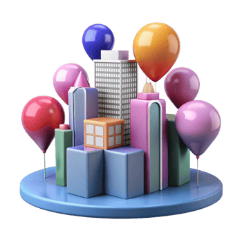 Cityscape Balloons 3D Render A joyful scene of balloons floating over a cityscape, captured in a stunning three-dimensional render. png
