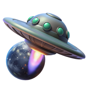 UFO Encounter Cosmic Mystery A dynamic 3D render of a UFO encounter, capturing the essence of extraterrestrial adventure and intense action. png