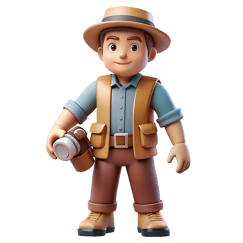 Three Dimensional Cartoon Explorer with Bottle in a Playful Scene with Dynamic Action png