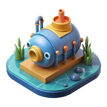 Cute Cartoon Submarine Illustration in a Whimsical Three Dimensional Scene of Adventure png