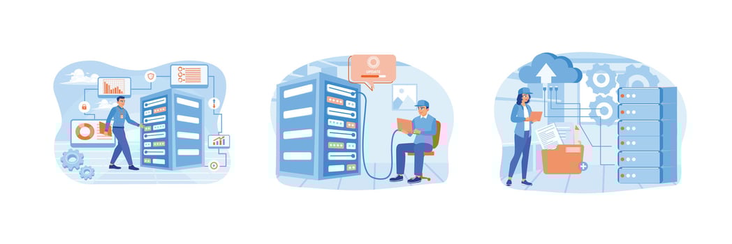 Concept of server maintenance, optimizing computer networks, managing cloud computing performance. vector