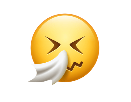 Yellow sick face with sneezing, blowing its nose into white tissue png