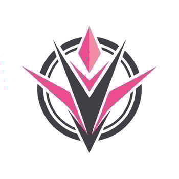 Logo design, geometric shapes, pink and black color scheme, abstract V shape, sharp angles, symmetrical composition, vector
