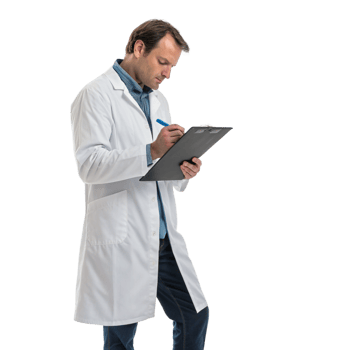 Medical researcher taking notes in lab coat professional portrait clean environment focused perspective png
