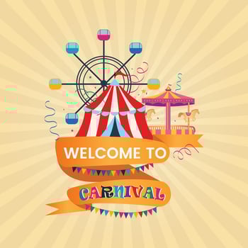 Welcome to the Carnival Festive Concept. Enjoy confetti, trumpets, a merry go round, and a magic show tent. Ideal for posters, backgrounds, cards, banners, and stickers. vector