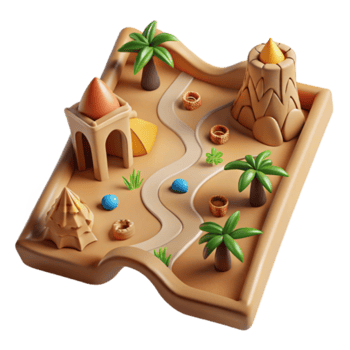Whimsical 3D Desert Oasis Illustration Palm Trees, Buildings, and Winding Path png