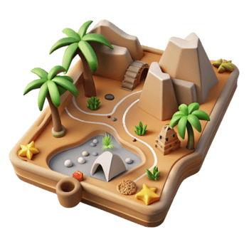 3D Render Oasis Game Board Illustration Desert Landscape with Palm Trees, Mountains, and Ancient Ruins png