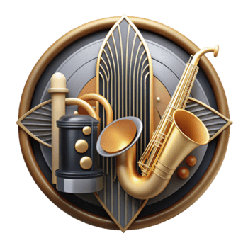 3D Art Deco Musical Instruments Illustration Saxophone, Trumpet, and Tuba in Gold and Black png