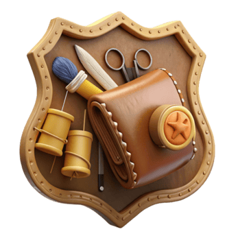 3D Render of a Leather Wallet with Sewing Tools on Wooden Shield Illustration png