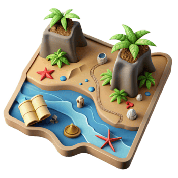 Tropical Island Paradise 3D Render, Beach Scene with Palm Trees, Starfish, and Treasure png