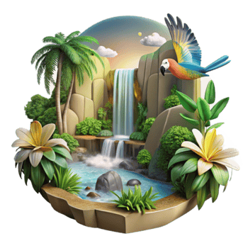 Vibrant Tropical Waterfall 3D Illustration Lush Paradise with Parrot png